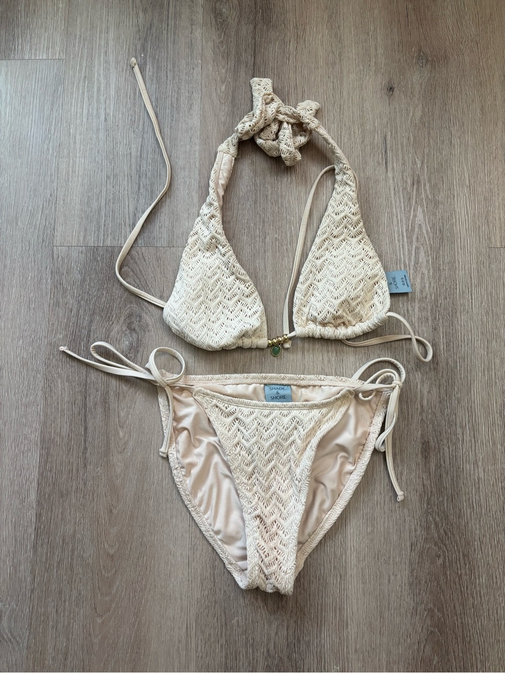 Shade & Shore Cream Crochet Triangle Bikini Set